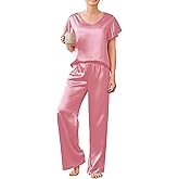 Ekouaer Women's Satin Silky Pajama Set 2 Piece Short Sleeve Shirt with Long Pants Pjs Sets Soft PJ Loungewear S-XXL