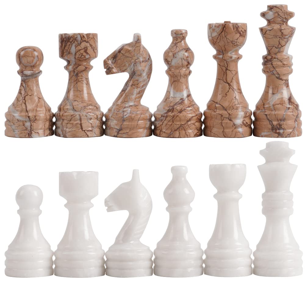 Radicaln Marble Chess Pieces White & Marinara 3.5 Inch King Figures Handmade 32 Chess Figures - Suitable for 16-20 Inch Chess Game - Board Games