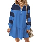 kipfall Women's Casual Dresses Long Sleeve Button V Neck Sweatshirt Dress Blue