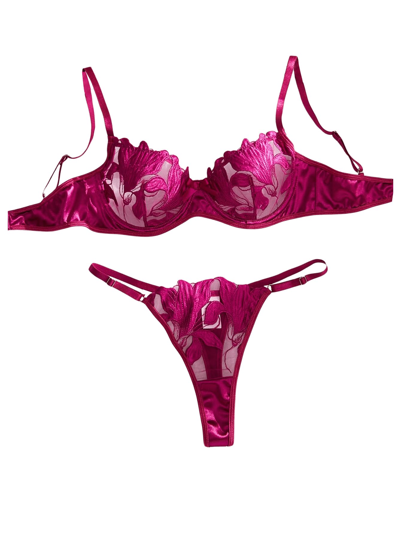 NewPetitDoll 2pcs/Set Plus Size Floral & Plaid Print Contrast Lace Bow Underwire Bra And Panty Set