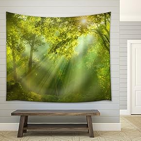 Green Forrest with Sun in The Sky - Fabric Wall Tapestry Home Decor - 51x60 inches