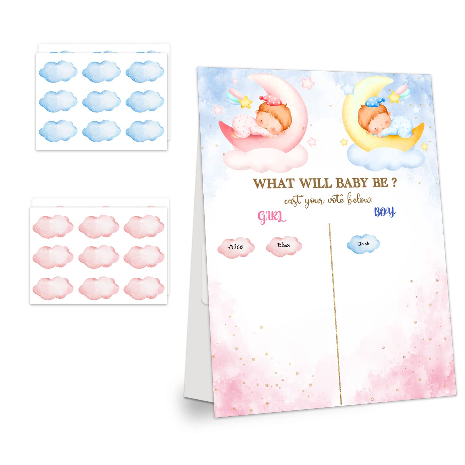 Guess The Gender Reveal Game - Gender Reveal Voting Board Sign，54PCs Boy and Girl Stickers for Party Guests Cast Your Vote Game，Gender Reveal Party Centerpiece Decorations （ZJ063）