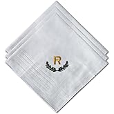 Chromatelle 3 Pcs Men's Handkerchiefs, White Embroidered Initial Monogrammed Handkerchiefs for Men Suit Soft Cotton