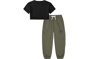 Betusline Girls & Women 2 Piece Outfits, Short Sleeve Crop Top Cargo Pants Trendy Clothing Sets, 4T- Women XL