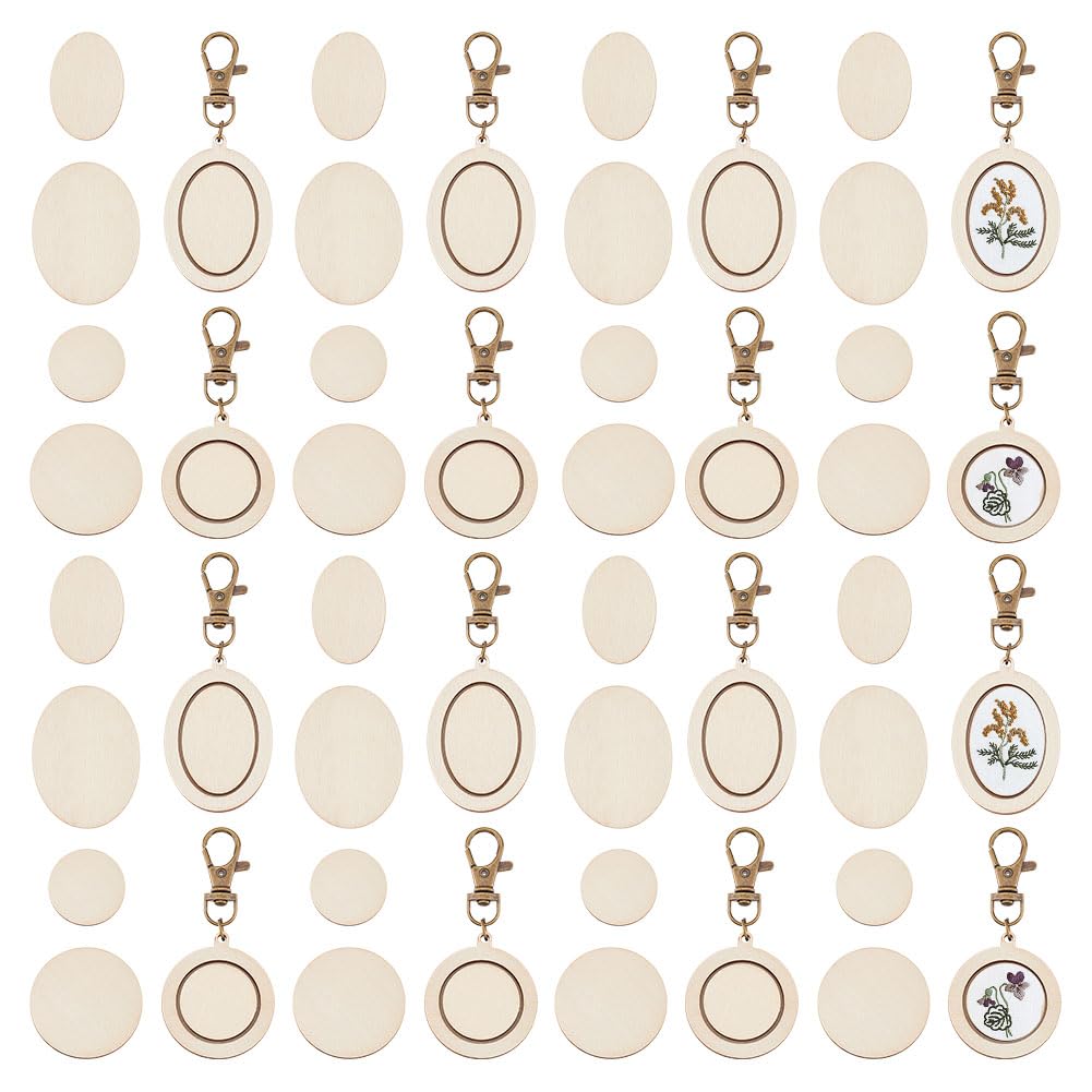 OLYCRAFT 24 Pcs Mini Embroidery Hoop Keychain Tiny Wooden Cross Stitch Hoop with Lobster Claw Clasp Oval/Round Wood Pendant Kit for Craft DIY Embroidery Keychain Pendant - 8~9.2cm