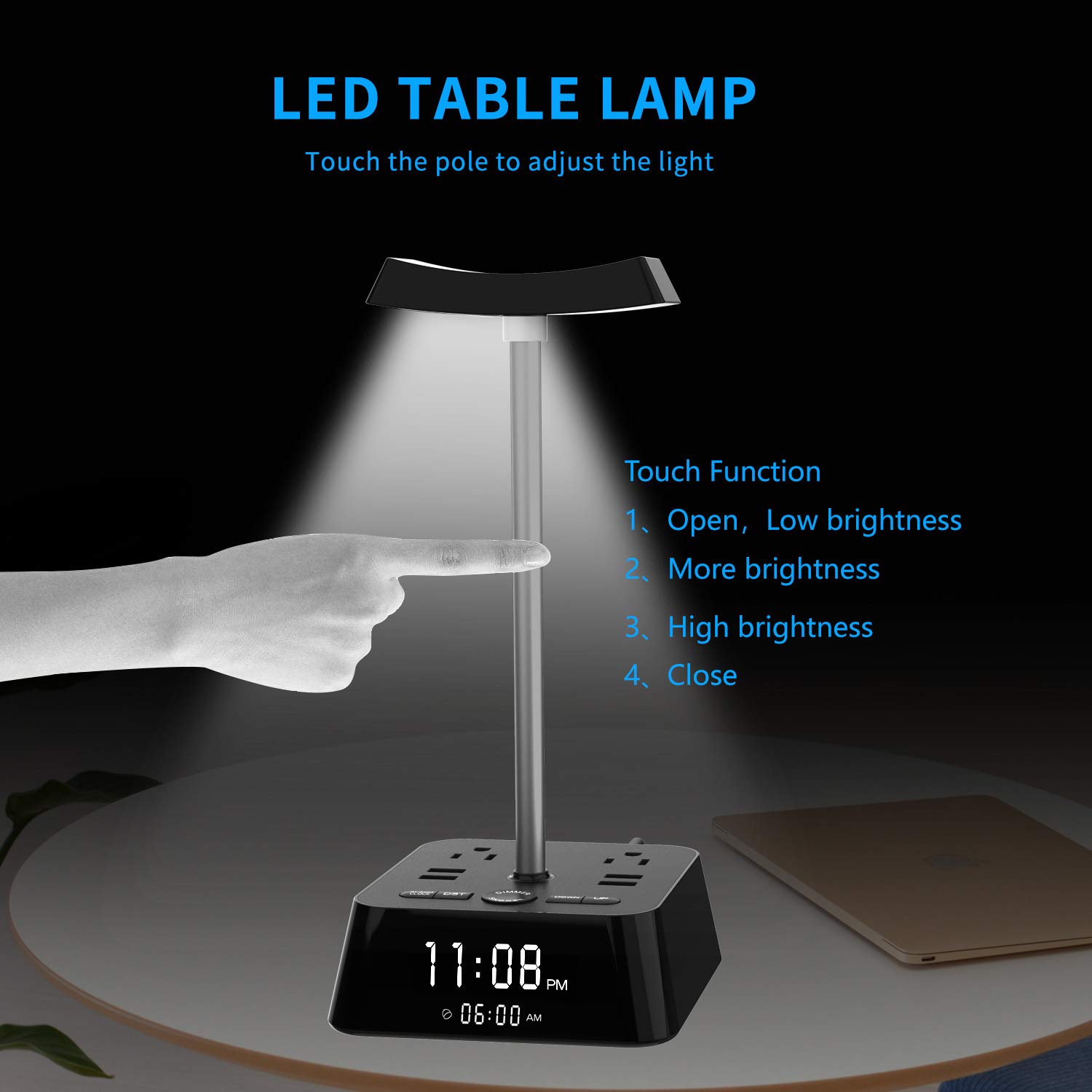Alarm Clock Charger w/4 USB Ports & 2 Outlets with LED Desk Lamp Night Light and Headphone Stand,Surge Protector Power Strip Charging Station for Bedside,Dorm,Office,Hotel (Snooze,DST,Battery Backup)