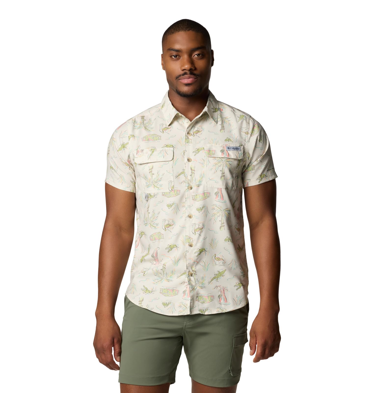 Columbia Men’s PFG Uncharted Printed Short Sleeve Shirt, Stone Everglades, Medium