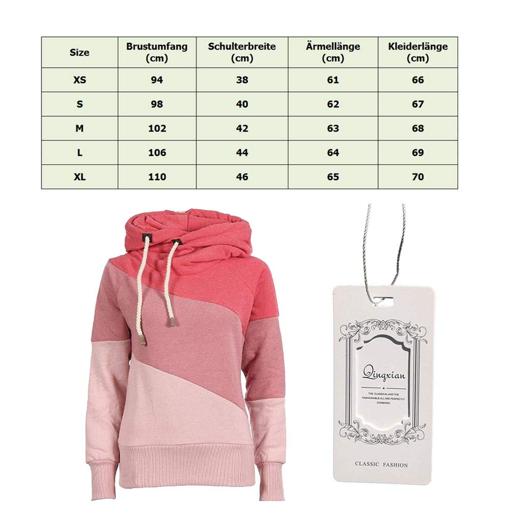 Qingxian Pullover Damen Hoodie Oberteile Sweatshirt Patchwork Pulli Sweatjacke Kapuzenpullover mit Kordel und Rollkragen Khaki L