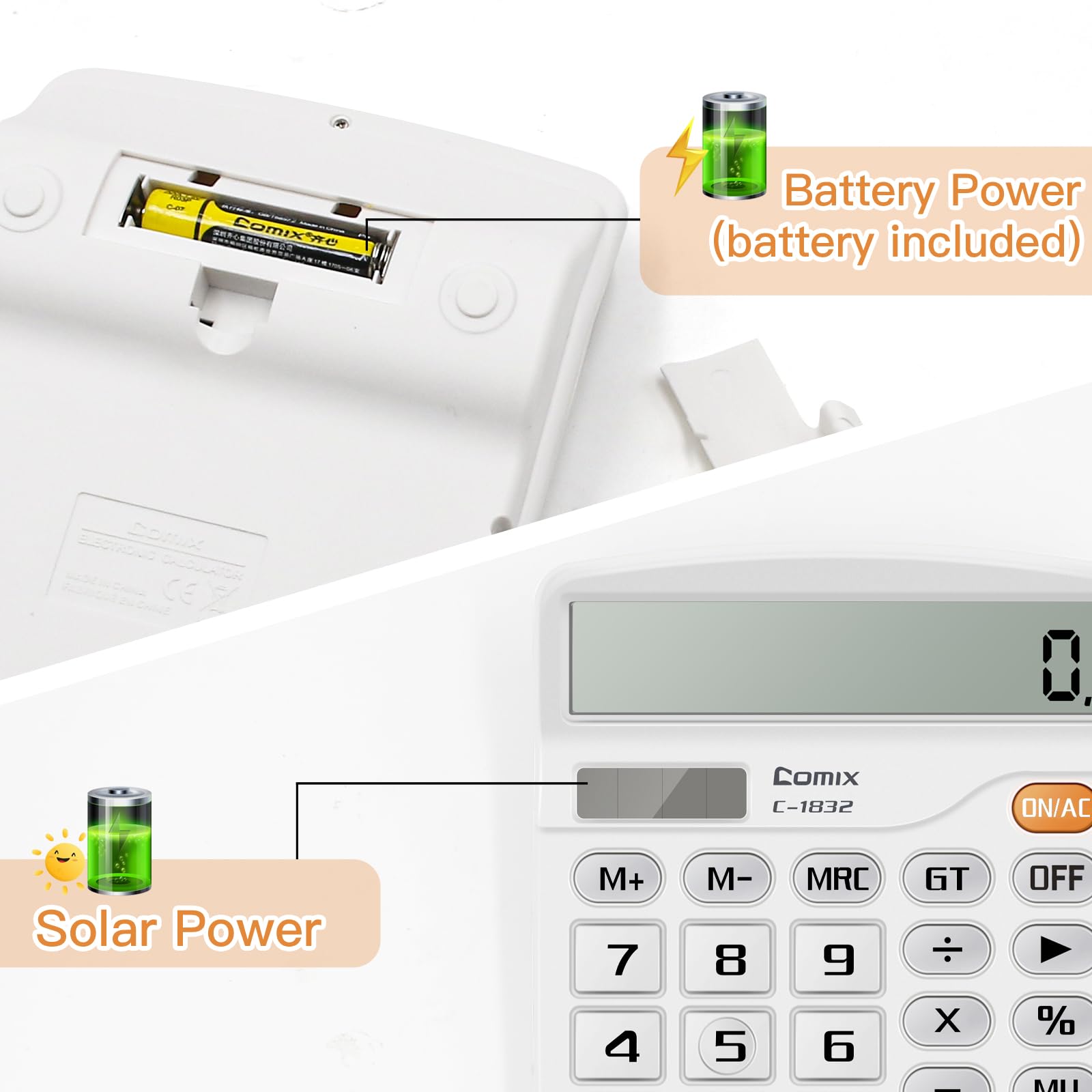 Comix Desktop Calculator 12 Digit with Large LCD Display and Big Button, 12 Digits Baisc Calculator, Solar Battery Dual Powered, for Office Home School C-1832(White)