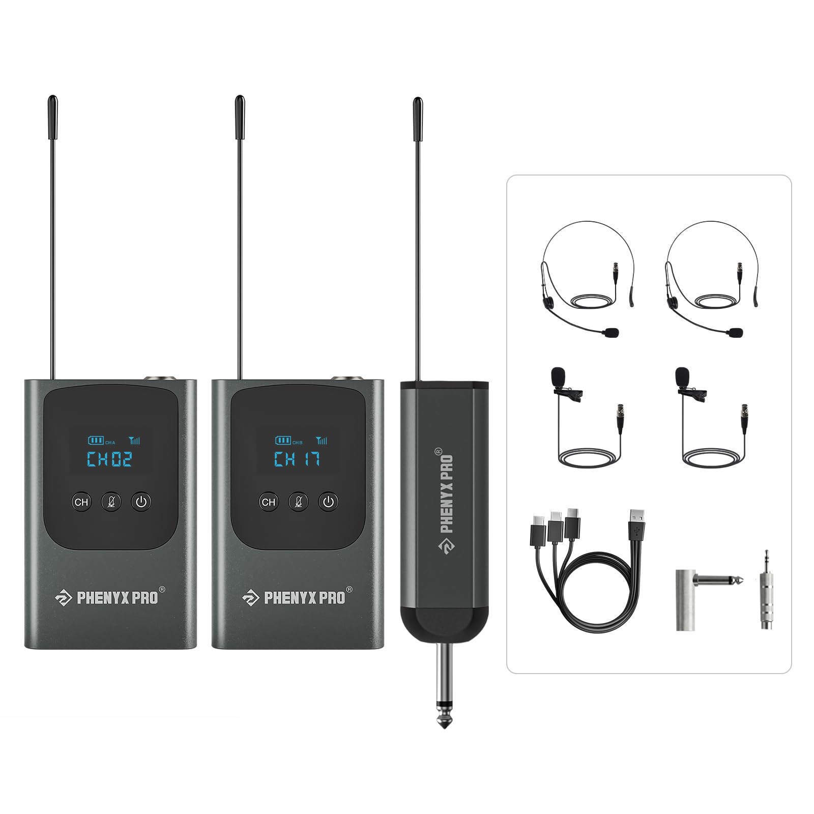 Photo 1 of Phenyx Pro Dual Digital Wireless Microphone System, Portable Mini Receiver, 2x15 UHF Frequencies, 2 Bodypack Transmitters, Headset/Lapel Microphone for Singing, Karaoke (PDP-2-2B)