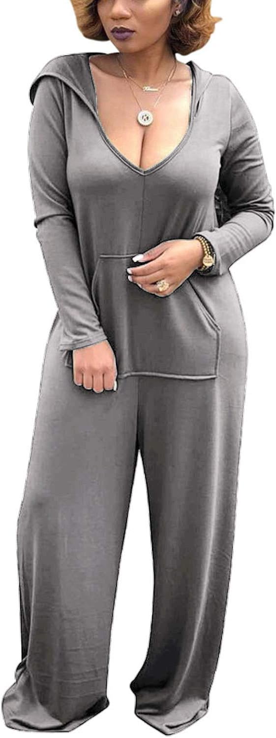Women Casual Long Sleeve Hooded V-Neck Jumpsuits Rompers