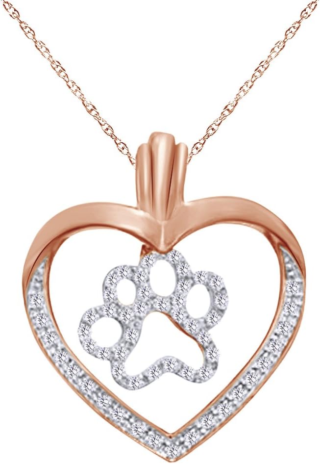Holiday Sale 1/4 CT Round Cut White Natural Diamond Heart with Paw Pendant Necklace in 10K Solid Gold
