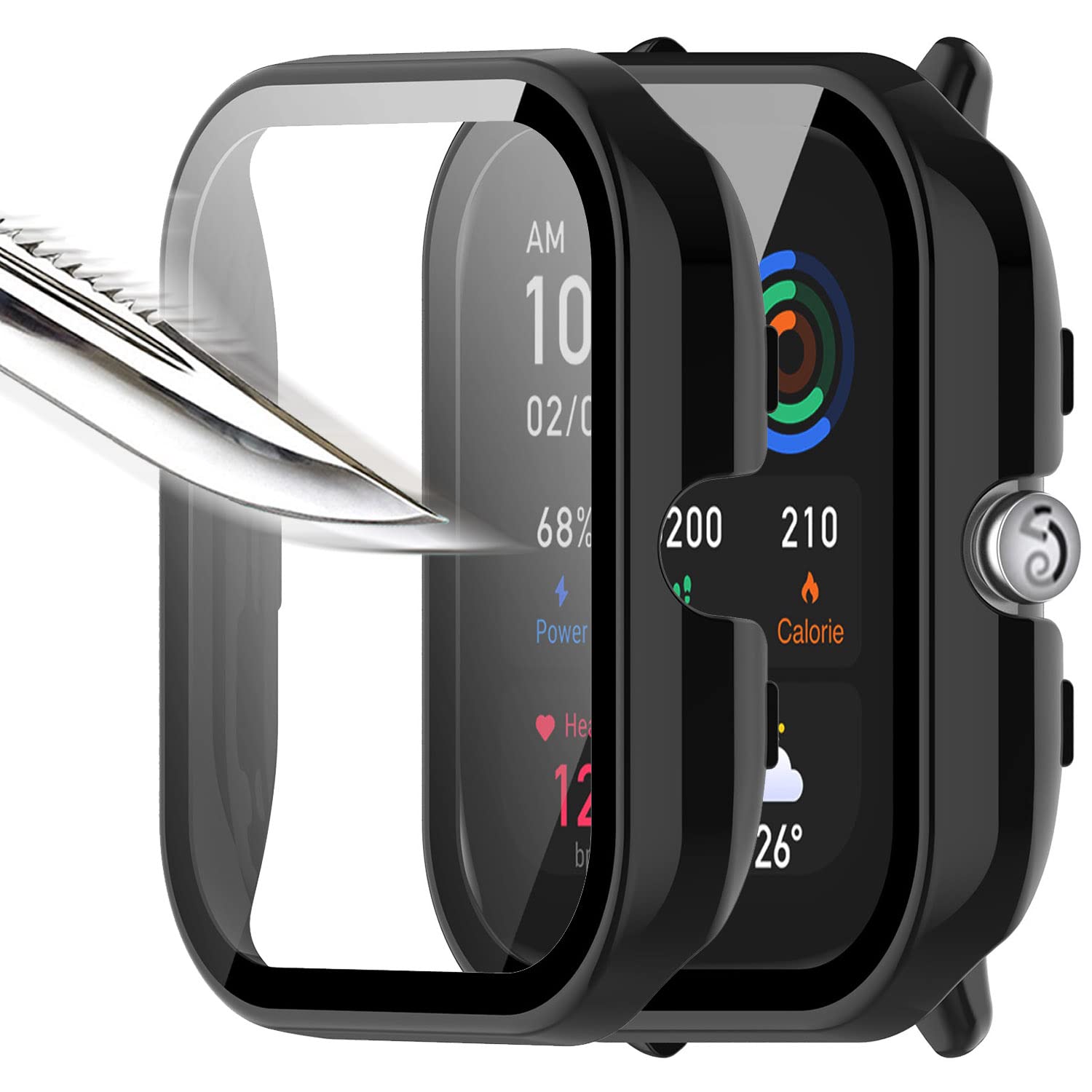 Msm-case Pack of 2 Tempered Glass Screen Protectors, Protective Case, Compatible with Amazfit GTS 4 mini, Hard PC All-Round Screen Protector, Ultra Thin, Bubble-Free Against Scratches, Black