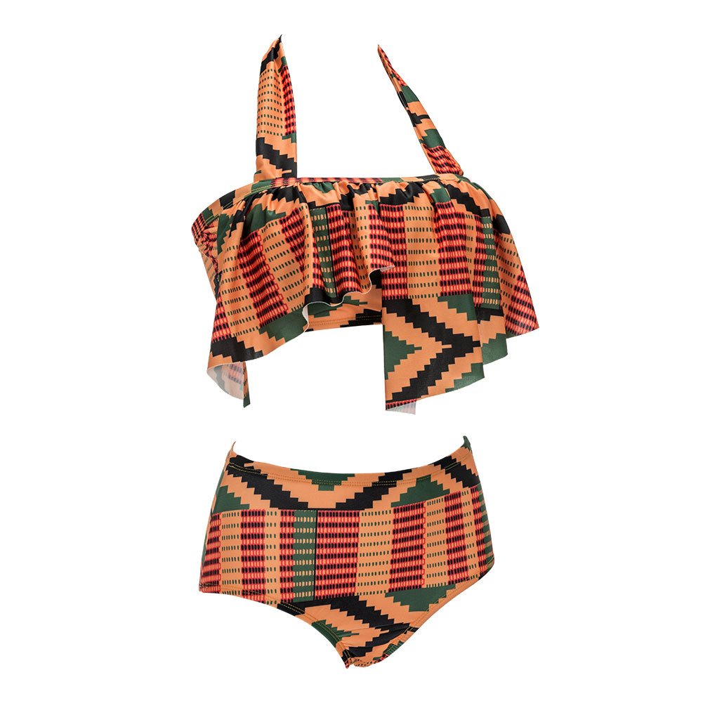 Mycherish Women Two Pieces African Print Halter Ruffle Swimsuit Rompers Outfit Small