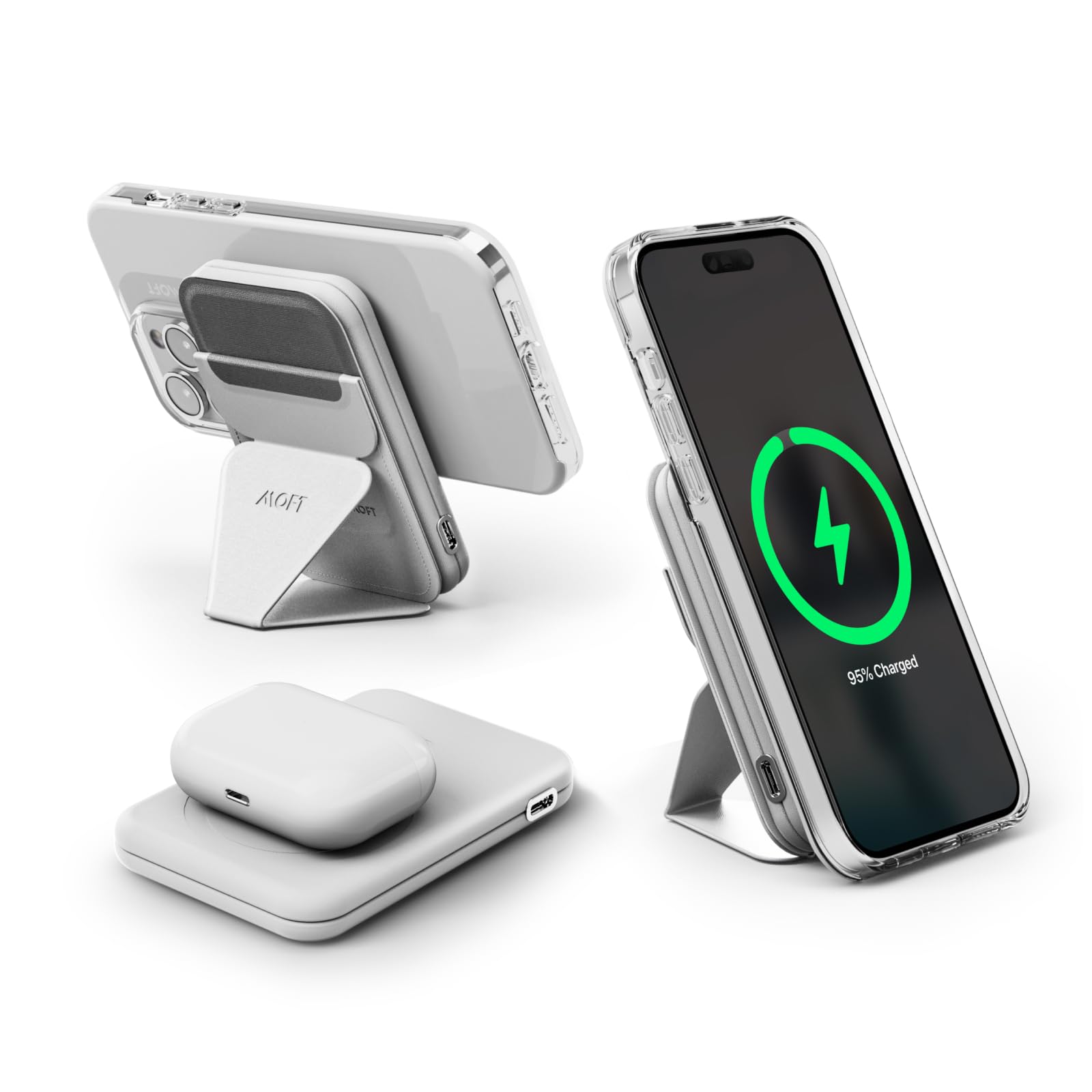 Photo 1 of MOFT Modular Magnetic Phone Stand Power Bank Set, Foldable Stand and Portable Wireless Charger with Magnetic USB-C Cable for iPhone 15/14/13/12 Series, Misty Cove