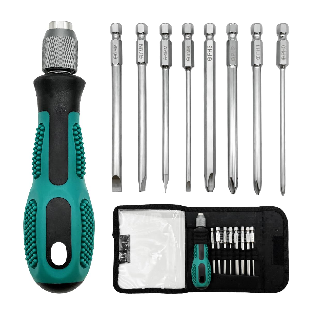 WAIZHIUA 8 in 1 Screwdriver Set - Magnetic Screwdriver with 8 Bits (PH0-PH3, 3-6mm) & Storage Bag, 4 Flat & 4 Cross Head, Ergonomic Handle for DIY, Electrical, Mechanical, and Home Repair