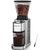 Aromaster Conical Coffee Bean Grinder, 48 Settings, Anti-Static, Sliver | Stainless Steel, 40S Adjustable Timer, Removable Burr, Brush for Easy Cleaning, for Espresso French Press Home Use, Quiet