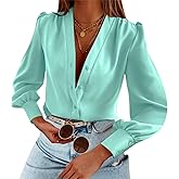 Women's Business Casual Tops Satin Silk Long Sleeve Button Down Shirts V Neck Chiffon Work Blouses Mint