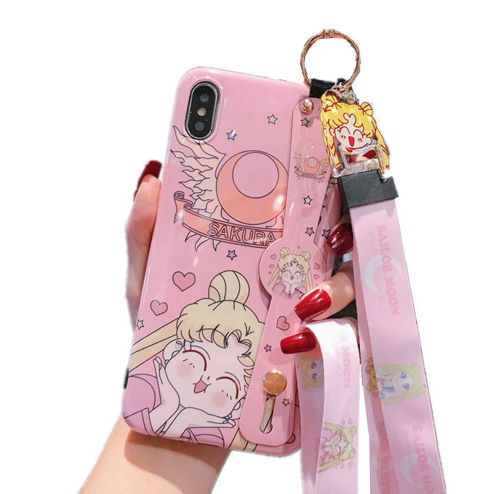 for iPhone 8 Plus 7 Plus Case Cover, Japan Anime Sailor Moon Case with Lanyard Strap Silicone Soft Phone Case Back Cover for iPhone 7 Plus 8 Plus (Cute, for iPhone 7 Plus/8 Plus)
