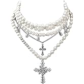 Pearl Cross Necklaces for Women,Gothic Layered Statement Necklaces,White Pearl Stacked Choker Necklace,Y2k Choker with Rose Cross Pendant,Costume Accessories for Women