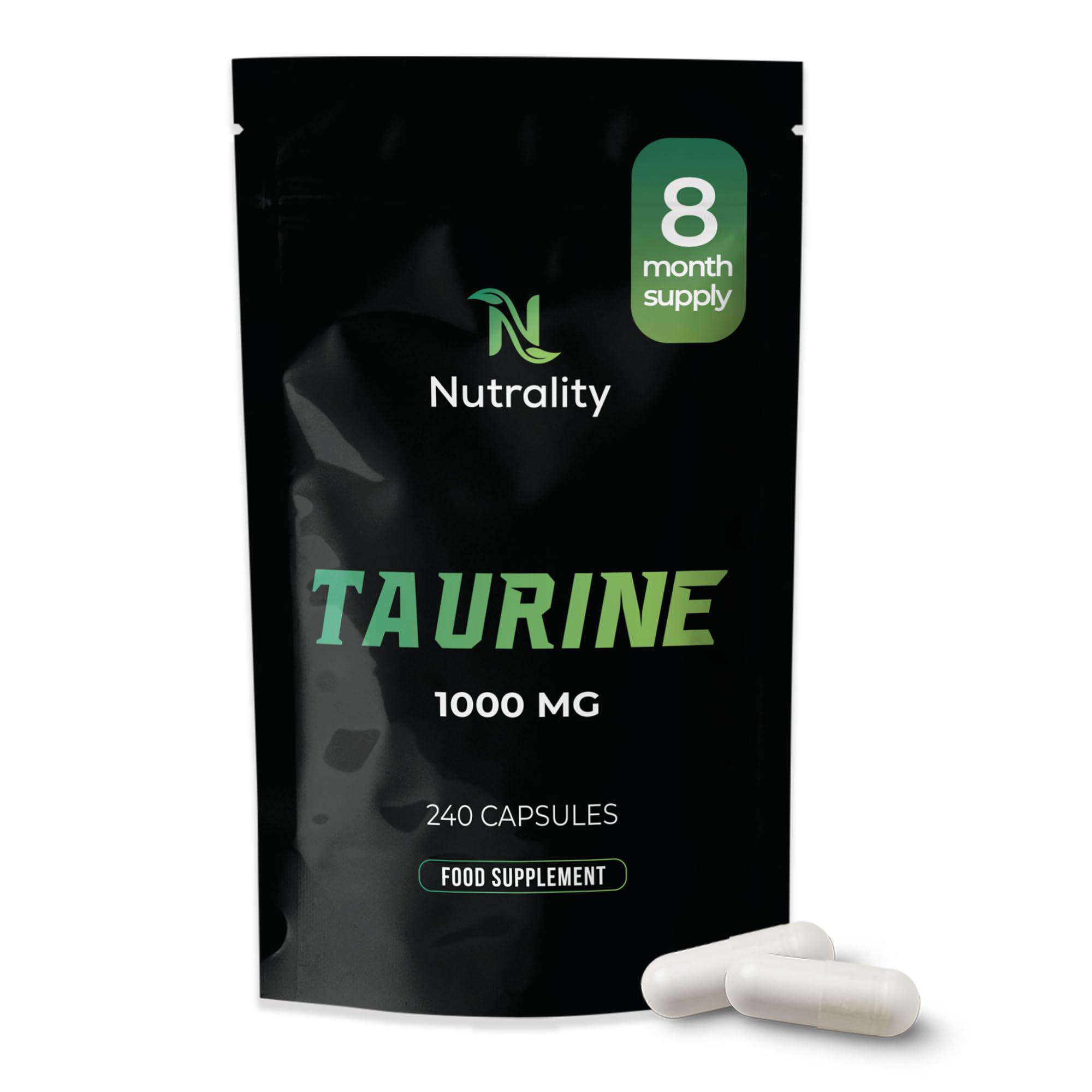 Nutrality Taurine Supplement 1000mg 240 Vegan Capsules | Amino Acid for Energy, Heart Health & Cognitive Function | 8-Month Supply