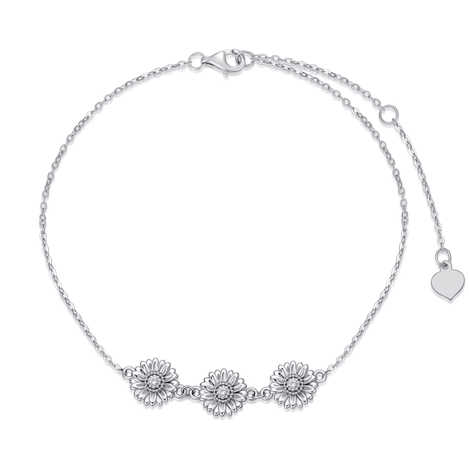 SISGEM 9 ct Gold Daisy Bracelet, Solid White Gold Daisy Charm Link Bracelet with Natural Diamond, 0.04ct, G, SI2, for Women Girls Ladies Mum Sisters, 6.5"+1"+1"