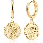 SANNYRA Gold Coin Earrings, Gold Huggie Dangle Earrings for Women, 14K Gold Plated Charm Dainty Hoop Jewelry
