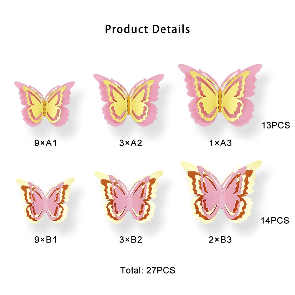 Download Pinkblume Gold And Pink 3d Butterfly Decorations Man Made Removable Butterfly Wall Stickers Decals Mural For Livingroom Kids Girls Bedroom Nursery Party Decor 27 Set Wall Stickers Murals Paint Wall Treatments Supplies Ekoios Vn