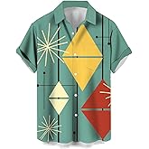 QIVICIMA Men's Retro Bowling Shirts 50s Rockabilly Style Button Down Shirts Vintage Style Camp Shirt