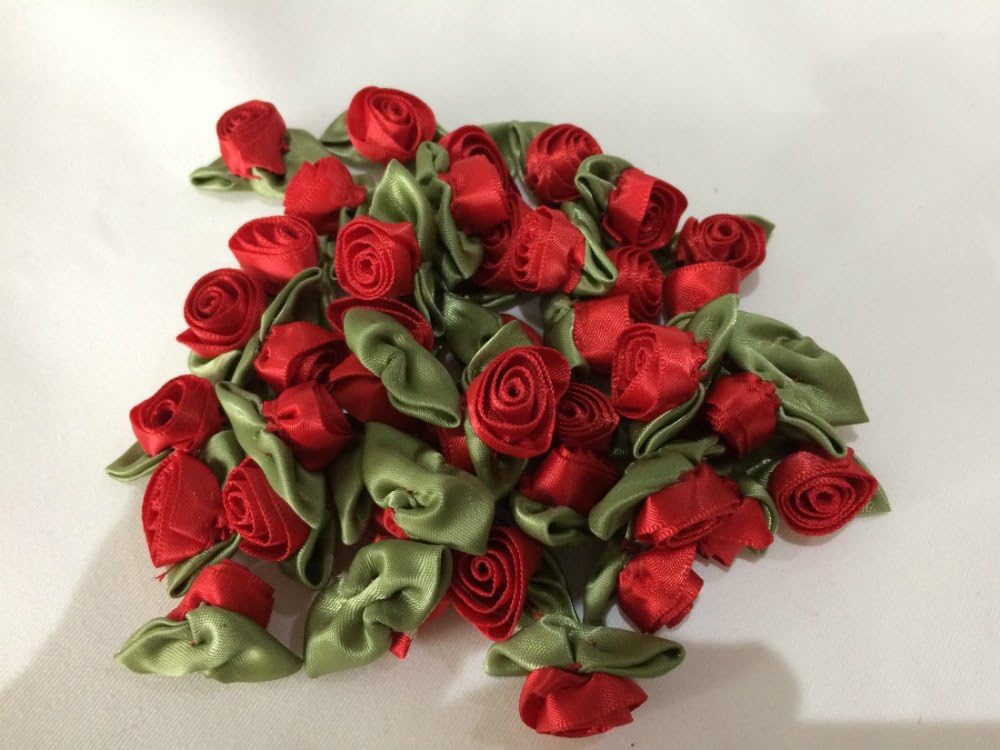 Red Large Satin Ribbon Roses Buds Embellishments - 20 per pkt