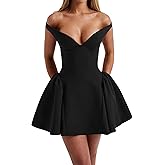 Azhong Women's Summer Sexy V Neck Off Shoulder Wedding Mini Dresses Backless A Line Puffy Hem Prom Party Gown