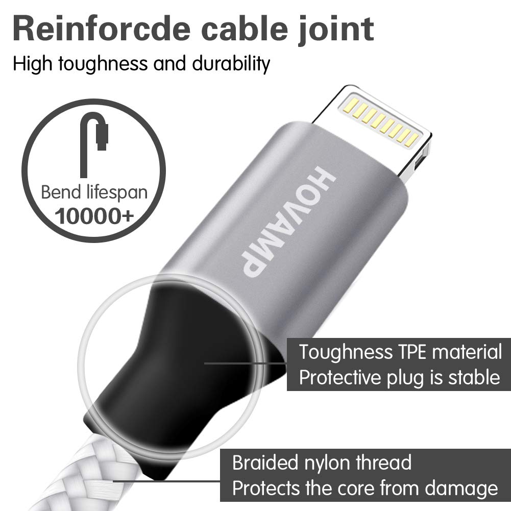 HOVAMP iPhone Charger, MFi Certified Lightning Cable 5 Pack (3/3/6/6/10FT) Nylon Woven with Metal Connector Compatible iPhone 11/Pro/Xs Max/X/8/7/Plus/6S/6/SE/5S iPad - Silver&White: Industrial & Scientific