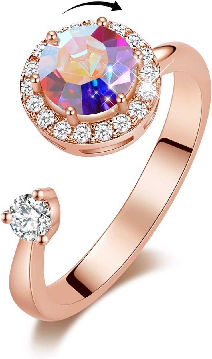 Women's Spinner Ring Anxiety Ring Cubic Zirconia Crystal Engagement Ring Girl ADHD Stress Relief Toy (Rose Gold: Rainbow)