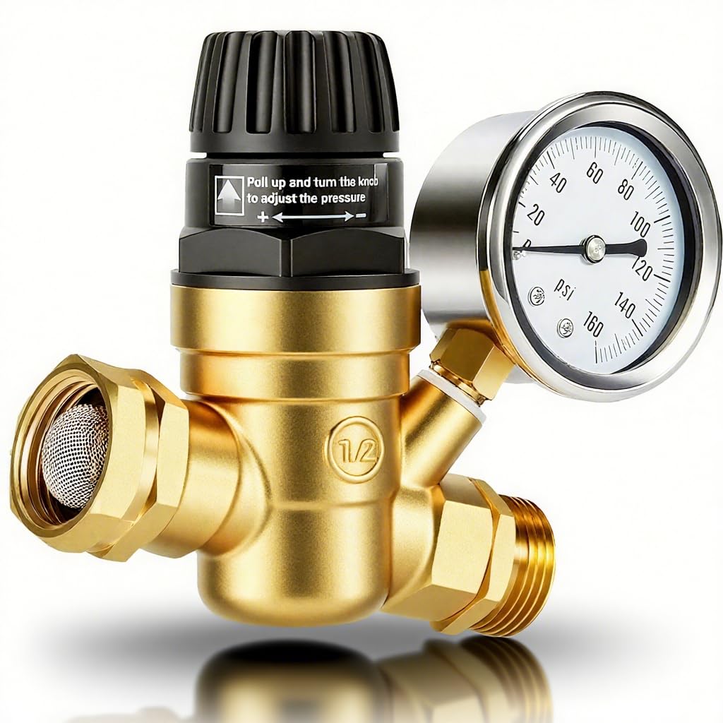Photo 1 of RV Water Pressure Regulator with Gauge,0-160psi Glycerin Liquid Filled Pressure Regulator Thicker Lead-free BrassKnob Valve Body,Knob Adjustment Water Pressure Gauge Regulator for RV Camper