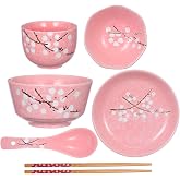 Kichvoe 6 Pcs Pink Ceramic Dinnerware Set for One,Japanese Ceramic Dishware | Cute Pink Bowl Plate Spoon Chopsticks Set, Japanese Tableware for Ramen, Sushi, Rice &amp; Single Person Meals