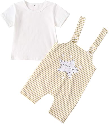 Ropa de Fiesta para Bebé Niñas Recién Nacido Conjunto De Ropa De Dos Piezas Verano Camiseta De Manga Corta Color SóLido Blusa Cuello Redondo Tops + Pantalones A Rayas: Amazon.es: Ropa y