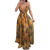 Remelon Womens Sexy Spaghetti Strap Deep V Neck Floral Boho Criss Cross Backless Chiffon Beach Party Long Maxi Dress