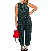 loveimgs Women 2 Piece Pants Set Lounge Summer Outfit Sleeveless Plaid Vest Tank Top Tracksuit Lightweight Pants Set