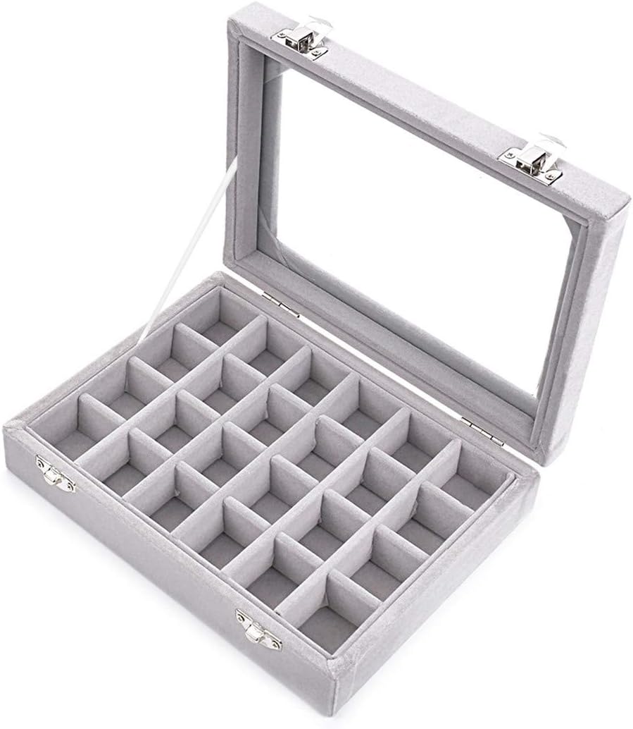 Ivosmart 24 Section Velvet Glass Jewelry Ring Display Organiser Box Tray Holder Earrings Storage Case (Grey): Home & Kitchen