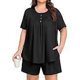 Lastshe Plus Size Pajama Set for Women Summer Short Sleeve Shorts Henley Neck Pjs 2 Piece Lounge Set with Pockets Sleepwear