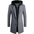 PRIJOUHE Men's Wool Coat Hoodie Long Trench Coat Cotton Casual Woollen Overcoat Jacket