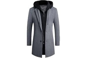 PRIJOUHE Men's Wool Coat Hoodie Long Trench Coat Cotton Casual Woollen Overcoat Jacket