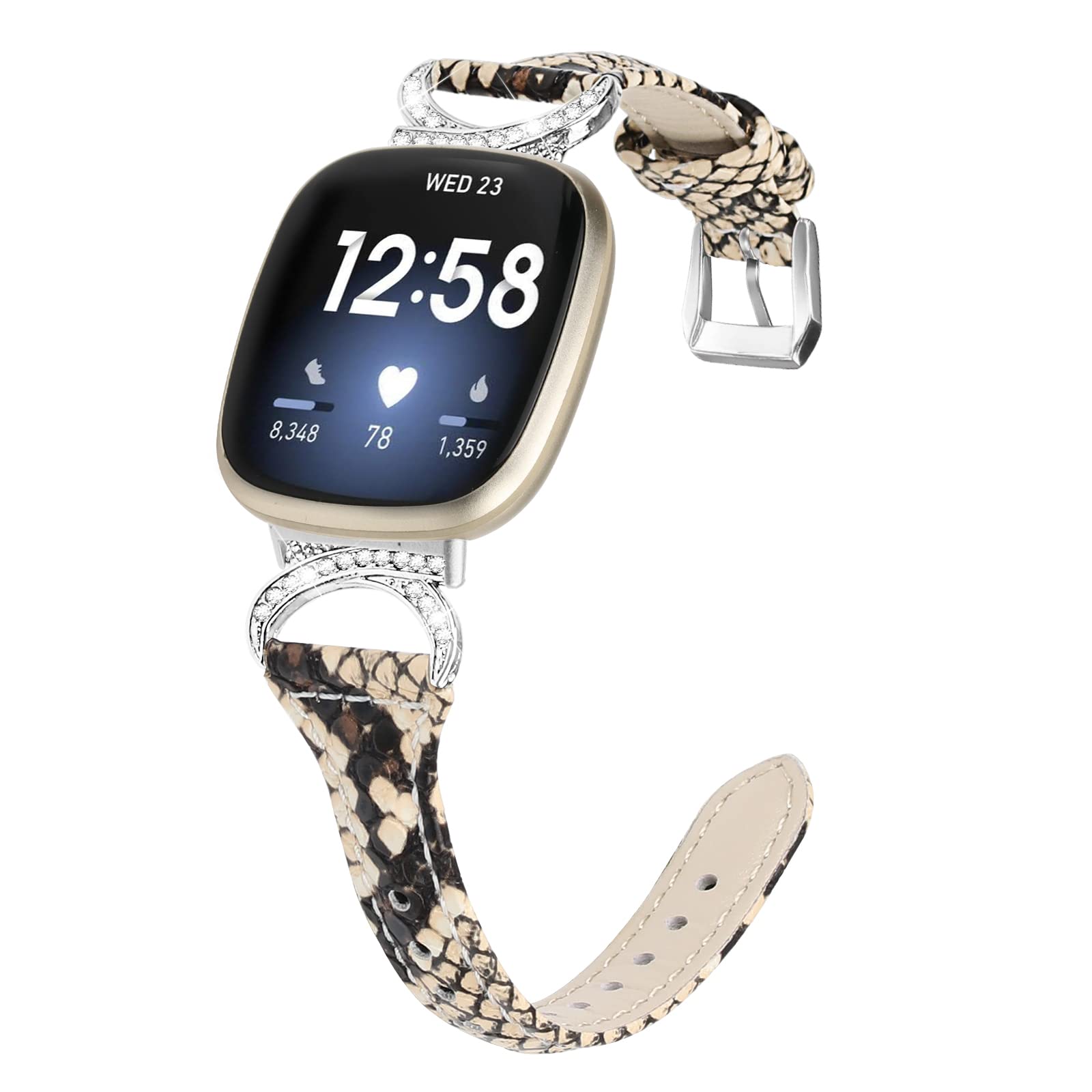 Gimuk Leather Strap Compatible with Fitbit Versa 4/Sense 2, Women's Genuine Leather Sport Band with Metal Bling Rhinestone for Fitbit Versa 3/Sense (Snakeskin)