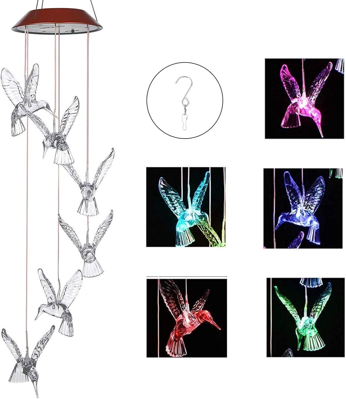 IMAGE Wind Chimes Solar Hummingbird Wind Chime Color Changing Lights Outdoor Solar Lights Hanging Decorative Garden Lights Xmas Gifts for Decor Home Garden Patio Yard Indoor Outdoor : Garden & Outdoor