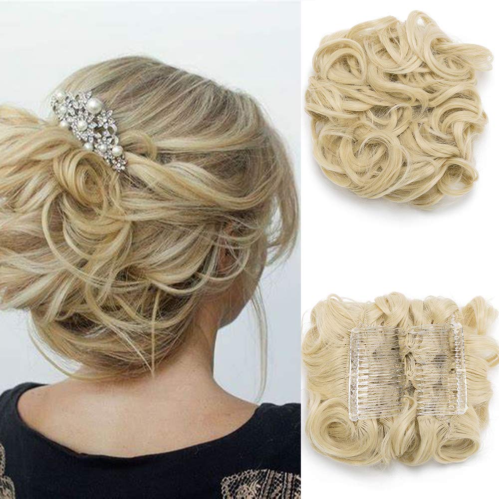 Messy Scrunchy Scrunchie Hair Bun Curly Wavy Hair Extensions Clip In Chignon Bridal Updo Hairpieces With Combs Ponytail Extension [Bleach Blonde]