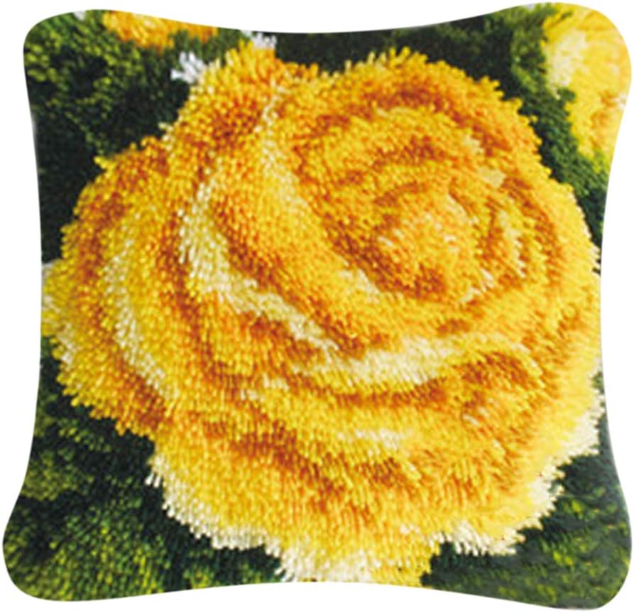 Miulika DIY Latch Hook Kits Throw Pillow Cover Yellow Rose Rug Pattern Printed 16X16 inch, Crochet Needlework Crafts for Kids and Adults