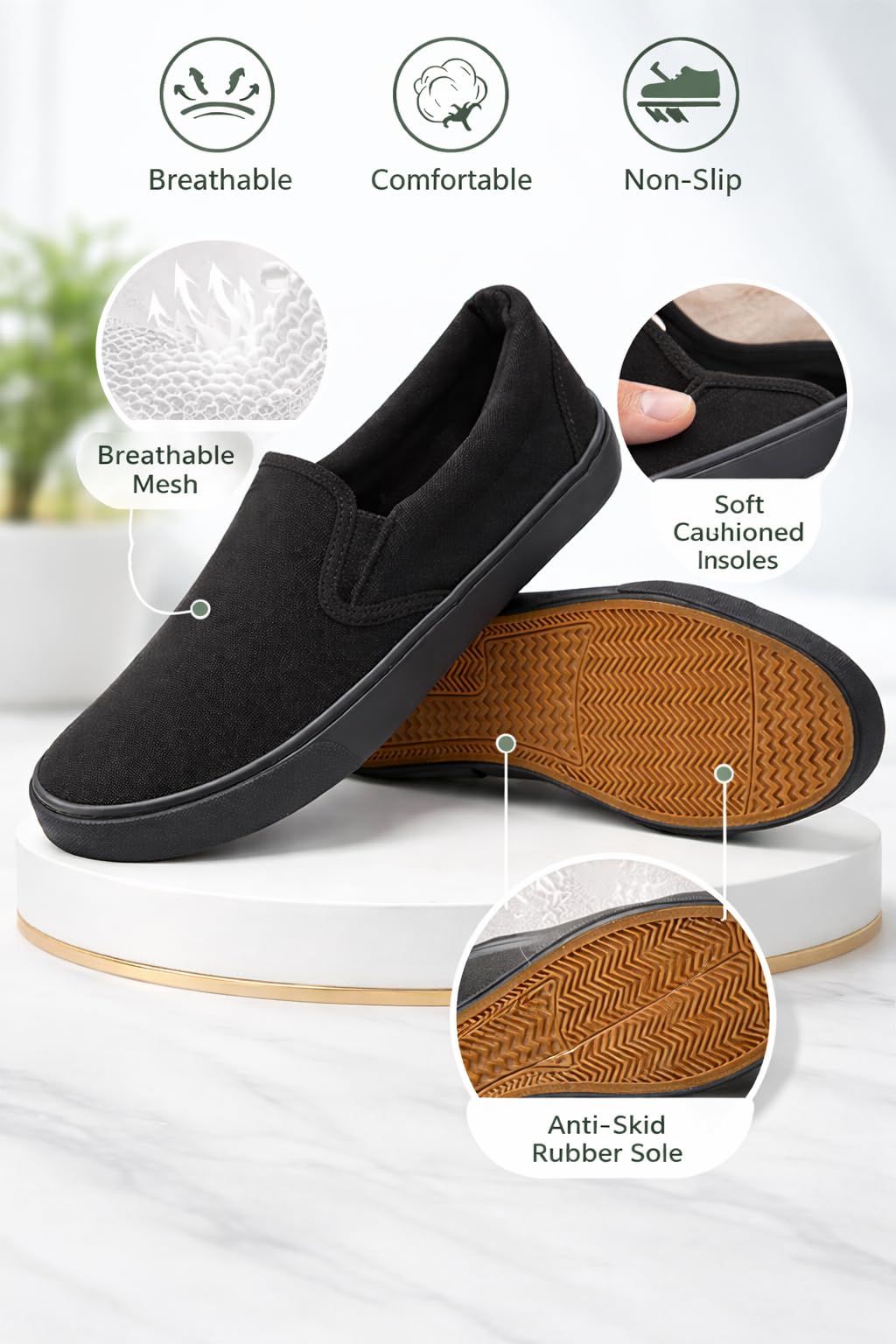 Emma Shoes Low-Top Slip Ons Women's Fashion Sneakers Casual Canvas Sneakers for Women Comfortable Flats Breathable Padded Insole Slip on Sneakers Women Low Slip on Shoes, All Black, 9