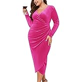 ZOMVA Plus Size Velvet Wrap Dress Ruched Bodycon Dress Long Sleeves Ruffle Long Elegant Party Wedding Guest Cocktail Holiday