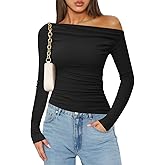ZESICA Womens Off Shoulder Long Sleeve Tops 2026 Spring Casual Boat Neck Ruched Slim Fit Going Out Y2k Shirts Blouses