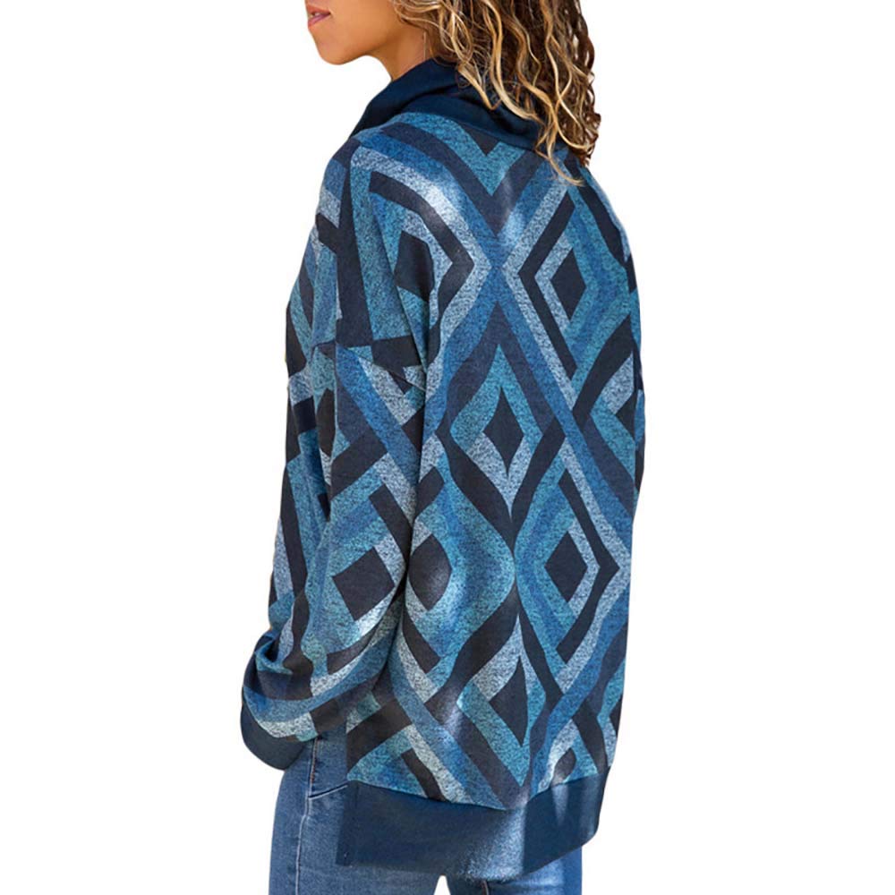 Pevor Womens Casual Henley Shirts Turtleneck Long Sleeve Geometric Print Pullover Sweatshirts Plain Tunic Tops Blouse Blue XXL
